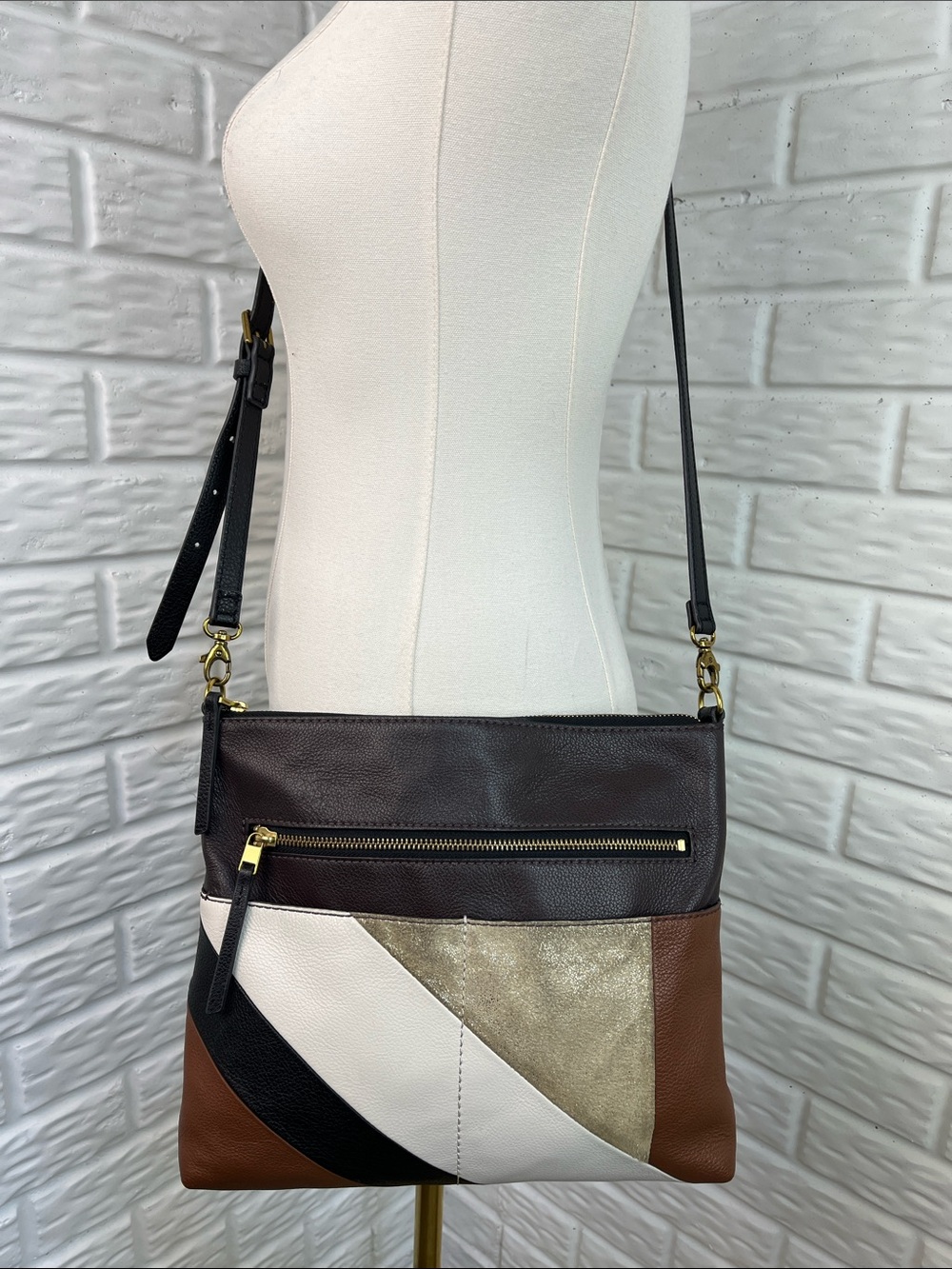 FOSSIL FIONA PATCHWORK COW HIDE LEATHER CROSSBODY Brown, Black, gold